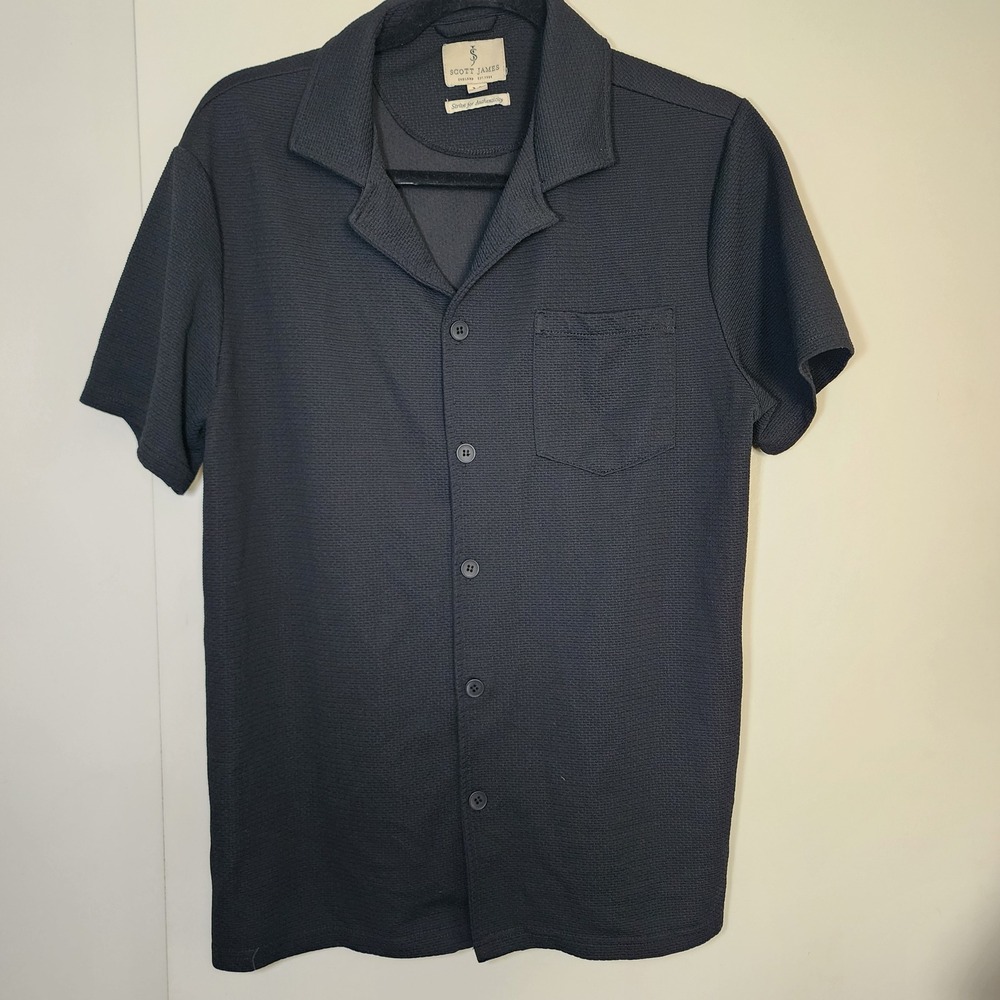 Scott James Button Down Shirt Mens Size M Black Waffle Knit Camp Western Cowboy